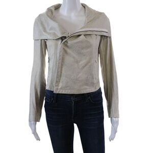 Georgie Womens Wide Collar Faux Leather Zipped Cropped Jacket Beige Size S